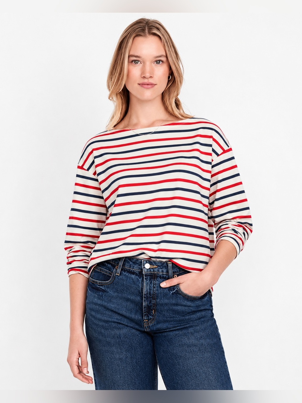 Old Navy Red Navy Stripe Boat Neck Top Breton French Girl Classic Preppy Fall